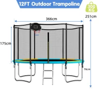 Outdoor Trampoline with Basketball Hoop and Safety Net, Heavy Duty Rebounder with Weatherproof Steel Frame, 366L x 366W x 76H cm, Blue(m-3)