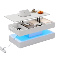 Modern Coffee Table with Bluetooth-Controlled LED Lighting, Lift-Up Center Table with Hidden Storage and Hydraulic Lift, 100L x 50W x 42H cm, White(m-15)