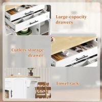 Mobile Kitchen Island Trolley with Lockable 360° Wheels, Glass-Door Storage Cabinet with Adjustable Shelves, 138L x 70W x 90H cm, White(m-6)