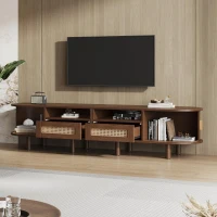 Rattan TV Stand with Sliding Doors and 8 Solid Wood Legs, Oak TV Cabinet with Rounded Corner, 170L x 40W x 40H cm, Oak(m-7)