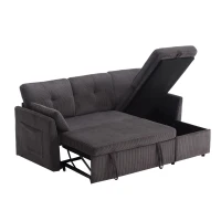 Stylish Sectional Sleeper Sofa with Reversible Storage Chaise, 3-In-1 L-Shaped Sofa with Corduroy Upholstery, 206L x 130W x 88H cm, Charcoal Grey(m-11)