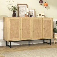 Aparador com rattan trançado, 4 portas, prateleiras ajustáveis, pés metálicos, 140x39,5x80 cm, Cor natural(m-2)