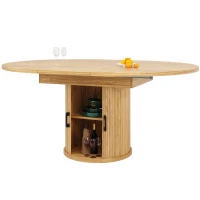 Extendable Round Dining Table with Hidden Leaf Storage, Extension Kitchen Table with Realistic Wood-Grain Finish, 118L x 118W x 76H cm, Natural(m-13)