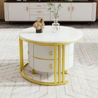 2-In-1 Round Coffee Table Set with High-Gloss Tops, Space-Saving Center Table Set with 2 Drawers, 70L x 70W x 46H cm, White(m-4)