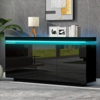 High Gloss Sideboard with LED Lights and Noiseless Hydraulic Hinges, Modern Storage Cabinet with 2 doors and 3 drawers, 140L x 35W x 72.5H cm, Black(m-8)