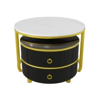2-In-1 Round Coffee Table Set with High-Gloss Tops, Space-Saving Center Table Set with 2 Drawers, 70L x 70W x 46H cm, White+Black(m-2)