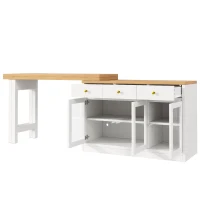Extendable Kitchen Island with Multicolour RGB LED Lighting, Modern Dining Table with 3 Deep Drawers, 120L x 40W x 75.5H cm, White(m-11)