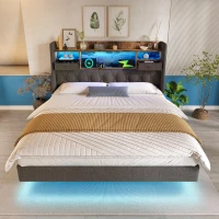 Upholstered Double Floating Bed with LED Mood Lighting, Low-Profile Floating Bed Frame with Storage Headboard, 202L x 142W x 114H cm, Grey(m-1)