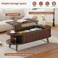 Lift-Up Oval Coffee Table with Hidden Storage and Roller-Shutter Doors, Space-Saving Centre Table with Solid Wood Legs, 120L x 50W x 39.5H cm, Wood(m-4)
