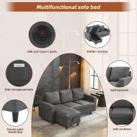 L-Shaped Corner Sofa with Hidden Storage and Side Pockets, Reversible Sectional Couch with Sturdy Wooden Frame, 180L x 120W x 72H cm, Gray(m-4)