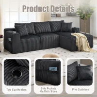 Modular L-Shaped Sectional Sofa with Deep Seat, Plush Corduroy Boneless Couch for Living Room, 257L x 160W x 80H cm, Gray(m-6)