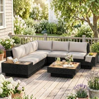 Outsunny 4 PCs Rattan Garden Furniture - Outdoor Sectional Corner Sofa and Coffee Table Set, Conservatory Wicker Weave Furniture with Armrest and Cushions, Black(m-20)