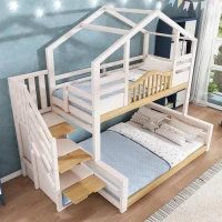 House-Shaped Bunk Bed with Staircase Storage, Space-Saving Kids Bed with Integrated Shelves, 244L x 140W x 206H cm, White+Natural(m-8)