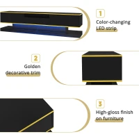 Modern TV Cabinet with 3 Drawers and Open Compartment, Contemporary TV Stand with Colour‑Changing LED Strip, 180L x 38W x 45H cm, Black(m-6)