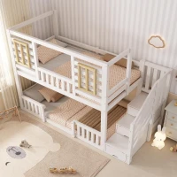 Cabin-Style Bunk Bed with Staircase Storage and Guardrail, White Window-Detailed Cabin Bed with Slatted Bases, 244L x 95W x 170H cm, White(m-10)