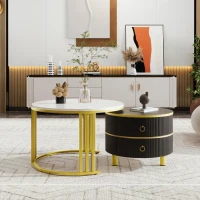 2-In-1 Round Coffee Table Set with High-Gloss Tops, Space-Saving Center Table Set with 2 Drawers, 70L x 70W x 46H cm, White+Black(m-1)