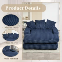 Modern Oversized Chaise Lounge Chair with Memory Foam Seat, Versatile Sofa Bed for Living Room or Bedroom, 155L x 125W x 63H cm, Navy(m-4)