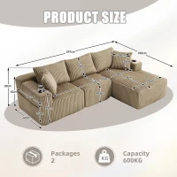 Modular L-Shaped Sectional Sofa with Deep Seat, Plush Corduroy Boneless Couch for Living Room, 257L x 160W x 80H cm, Khaki(m-3)