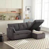 Stylish Sectional Sleeper Sofa with Reversible Storage Chaise, 3-In-1 L-Shaped Sofa with Corduroy Upholstery, 206L x 130W x 88H cm, Charcoal Grey(m-9)