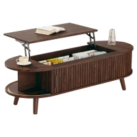 Lift-Up Oval Coffee Table with Hidden Storage and Roller-Shutter Doors, Space-Saving Centre Table with Solid Wood Legs, 120L x 50W x 39.5H cm, Wood(m-14)