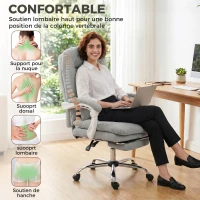 HOMCOM Chaise bureau ergonomique, fauteuil de bureau inclinable en velours avec support lombaire, hauteur réglable, gris clair(m-4)