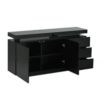High Gloss Sideboard with LED Lights and Noiseless Hydraulic Hinges, Modern Storage Cabinet with 2 doors and 3 drawers, 140L x 35W x 72.5H cm, Black(m-14)