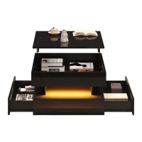 Lift-Up Coffee Table with App-Controlled LED Light Strip and Hidden Storage, Stylish Center Table with 2 Drawers, 65L x 65W x 38.5H cm, Black(m-15)