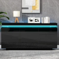 High Gloss Sideboard with LED Lights and Noiseless Hydraulic Hinges, Modern Storage Cabinet with 2 doors and 3 drawers, 140L x 35W x 72.5H cm, Black(m-1)