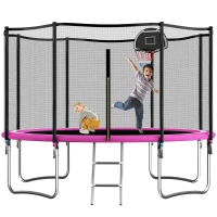 Outdoor Trampoline with Basketball Hoop and Safety Net, Heavy Duty Rebounder with Weatherproof Steel Frame, 366L x 366W x 76H cm, Pink(m-2)