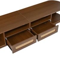 Rattan TV Stand with Sliding Doors and 8 Solid Wood Legs, Oak TV Cabinet with Rounded Corner, 170L x 40W x 40H cm, Oak(m-10)
