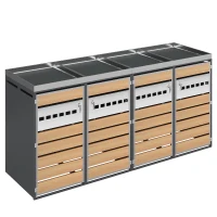 4-Compartment Outdoor Bin Enclosure with Integrated Planter, Planter-Top Quad Bin Storage with Lockable Doors, 264L x 80W x 124.5H cm, Grey+Wood(m-10)