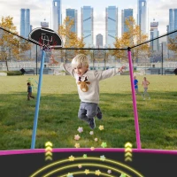 Outdoor Trampoline with Basketball Hoop and Safety Net, Heavy Duty Rebounder with Weatherproof Steel Frame, 366L x 366W x 76H cm, Pink(m-7)