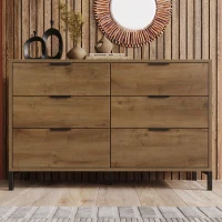 Dark Oak Sideboard with 6 Drawers and Industrial Metal Frame, Industrial Rustic Cabinet with Adjustable Feet, 120L x 40W x 76H cm, Dark Oak(m-1)