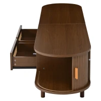 Rattan TV Stand with Sliding Doors and 8 Solid Wood Legs, Oak TV Cabinet with Rounded Corner, 170L x 40W x 40H cm, Oak(m-14)