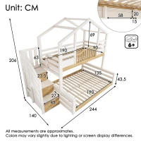 House-Shaped Bunk Bed with Staircase Storage, Space-Saving Kids Bed with Integrated Shelves, 244L x 140W x 206H cm, White+Natural(m-3)