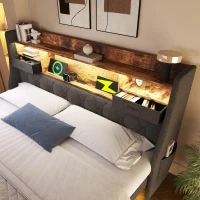 Upholstered Double Floating Bed with LED Mood Lighting, Low-Profile Floating Bed Frame with Storage Headboard, 202L x 142W x 114H cm, Grey(m-8)