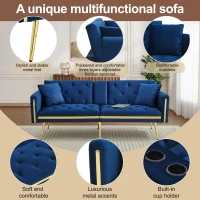 Two-Seater Convertible Sofa Bed with 3-Level Adjustable Backrest, Space-Saving Sleeper Sofa with High-Density Foam, 174L x 76W x 71.5H cm, Blue(m-6)