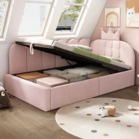 Upholstered Daybed with Hydraulic Storage and Crown Headboard, Space-Saving Guest Bed with Padded Velvet Upholstery, 199L x 96W x 96H cm, Pink(m-8)