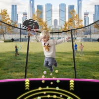 Outdoor Trampoline with Basketball Hoop and Safety Net, Heavy Duty Rebounder with Weatherproof Steel Frame, 366L x 366W x 76H cm, Pink(m-7)
