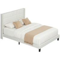 HOMCOM Cama 135x190 cm Estrutura de Cama com Cabeceira Estofada em Linho e Espaço de Armazenamento Debaixo da Cama Bege(m-10)