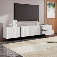 Stylish TV Cabinet with MDF and Particleboard Construction, Soft-Close TV Stand with 3 Doors and 2 Drawers, 190L x 35W x 45H cm, Black+White(m-5)