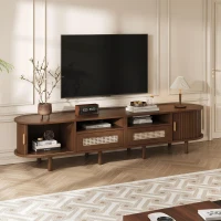 Rattan TV Stand with Sliding Doors and 8 Solid Wood Legs, Oak TV Cabinet with Rounded Corner, 170L x 40W x 40H cm, Oak(m-9)
