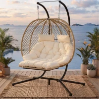 Cadeira suspensa em forma de ovo com suporte, cadeira de baloiço com apoio de pés regulável, cadeira suspensa de jardim com almofada de assento & almofado, 140x94x197 cm, Bege(m-2)