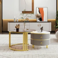 2-In-1 Round Coffee Table Set with High-Gloss Top and Tempered Glass, Space-Saving Center Table Set with 2 Drawers, 70L x 70W x 45H cm, Grey+Brown(m-1)