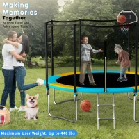 Outdoor Trampoline with Basketball Hoop and Safety Net, Heavy Duty Rebounder with Weatherproof Steel Frame, 366L x 366W x 76H cm, Blue(m-5)