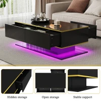 Modern LED Coffee Table with USB-Powered Colour-Changing Light Strip, Functional Center Table with 3 Drawers, 100L x 50W x 40H cm, Black(m-5)