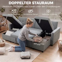 HOMCOM Ecksofa mit Schlaffunktion und Bettkasten U-Form 4-Sitzer Sofa mit Chaiselongue, verstellbarer Rückenlehne, Leinenoptik(m-6)