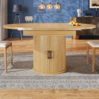 Extendable Round Dining Table with Hidden Leaf Storage, Extension Kitchen Table with Realistic Wood-Grain Finish, 118L x 118W x 76H cm, Natural(m-1)