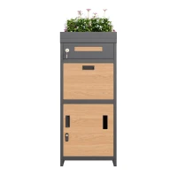 Parcel Mailbox with Integrated Planter and Letter Storage, Anti-Theft Parcel Delivery Box with Viewing Window, 50L x 37W x 118.5H cm, Grey+Wood(m-2)
