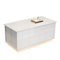 Lift-Top Coffee Table with App-Controlled LED and Soft-Close Drawers, Sleek White Center Table with 2 Storage Ottomans, 100L x 50W x 45H cm, White(m-9)
